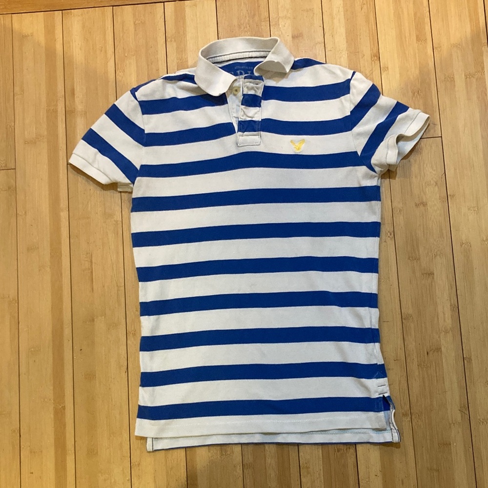 American Eagle Outfitters Blue and White Striped Polo